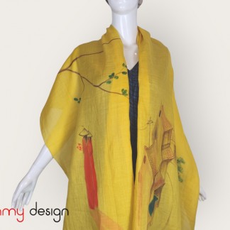 Yellow ramie scarf hand-painted with Old Quarter